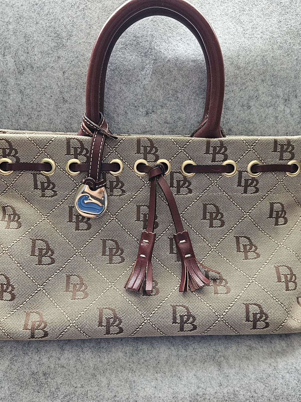 Dooney & Bourke Beige Canvas Tote with Brown Leather Trim